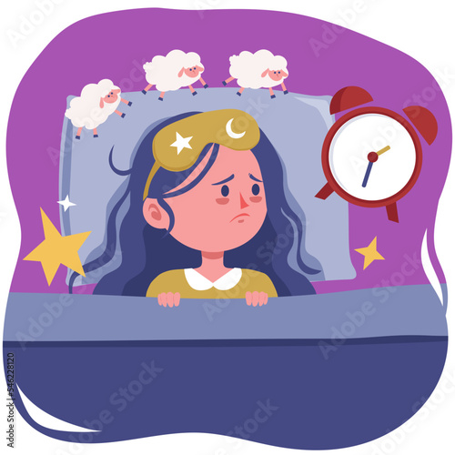 Sleepless woman with alarm clock and sleep sheep vector illustration in flat color design