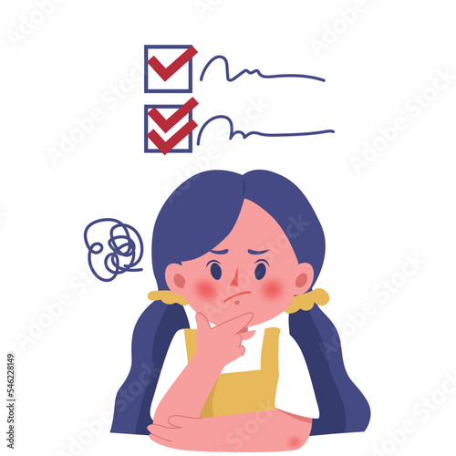 Thinking woman with double checklist vector illustration in flat color design