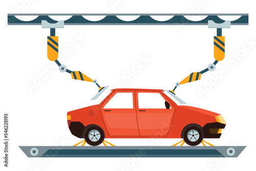 Factory assembly line. Industry robot arm assemble car on conveyor belt. Automobile factory with automated manufacture. Vehicle production process with innovative equipment. Robotic automotive