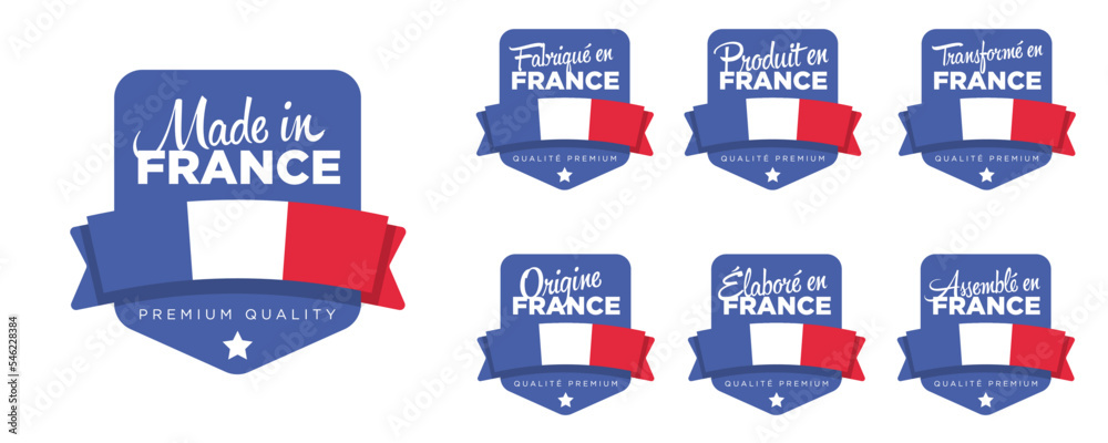 set of badge logotype Made in France, turn into France, on white round background, symbol logo for packaging design