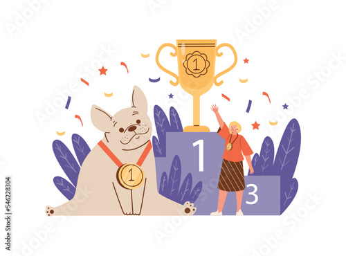 Cute and funny dog took first place in pet competition, flat vector illustration isolated on white background.