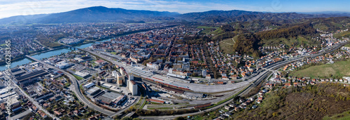 Aerial view around the old town of the city Maribor in Slovenia on a sunny autumn day