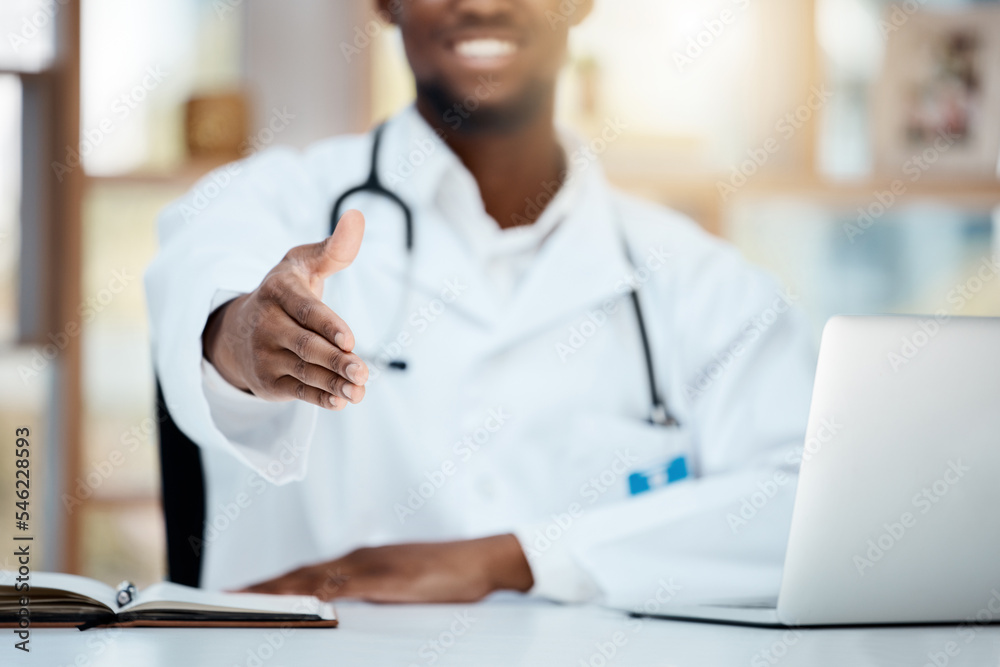 Doctor, laptop and greeting, welcome or handshake in hospital, office or clinic. Shaking hands, helping hand and black medical physician offering help, assistance or onboarding, deal and thank you. Doctor, laptop and greeting, welcome or handshake in hospital, office or clinic. Shaking hands, helping hand and black medical physician offering help, assistance or onboarding, deal and thank you.
