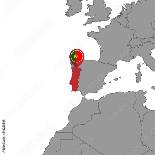 Pin map with Portugal flag on world map. Vector illustration.