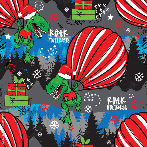 Cristmas Dinosaur t-rex seamless vector pattern. Cool hand drawn background for textille, wrapping paper, kids apparel and more