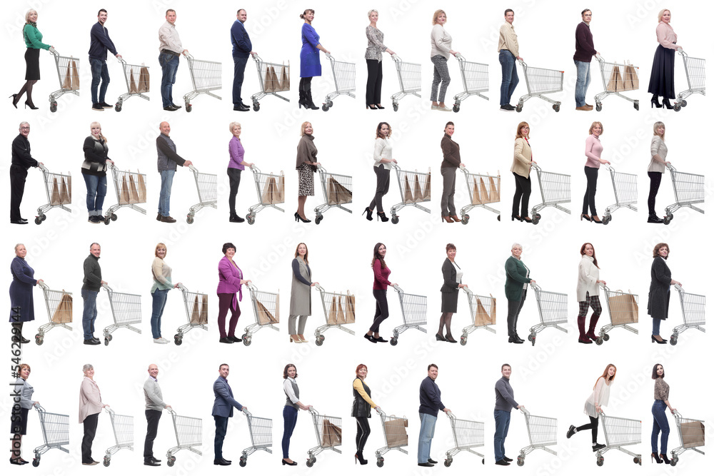 group of people with cart looking at camera isolated group of people with cart looking at camera isolated