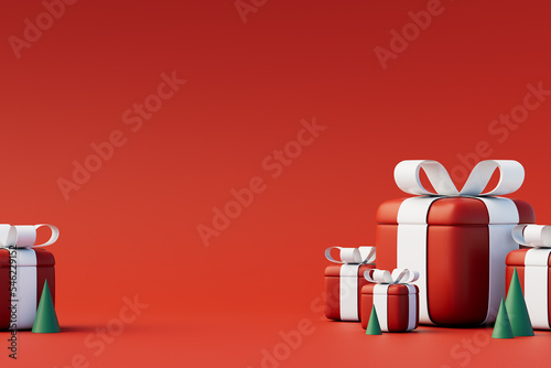Christmas background concept with 3d podium for product presentation. Red and green geometric object on red background. 3d illustration. © ThisMops