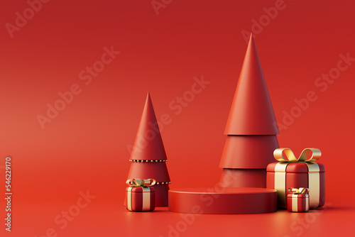 Christmas background concept with 3d podium for product presentation. Red and gold geometric object on red background. 3d illustration.
