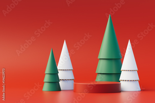 Christmas background concept with 3d podium for product presentation. Red and white geometric object on red background. 3d illustration.