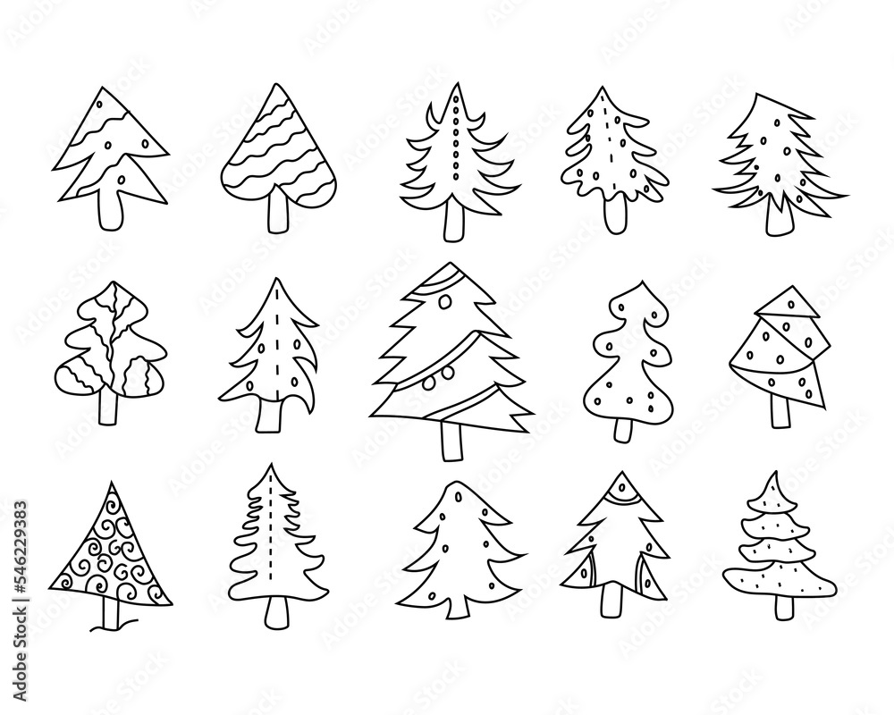 Obraz premium Hand drawn set of Christmas trees. Abstract doodle drawing of Christmas trees. Vector art illustration