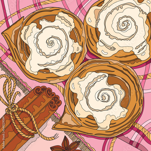 Coloring page for adults. Three cinnamon buns. Color version. Vector illustration.