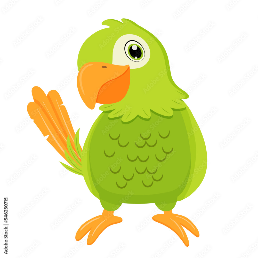 Fototapeta premium Green parrot bird. Flat cartoon character isolated on white.