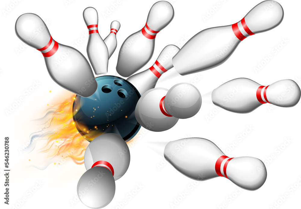 Flame Bowling Ball Strike with Ten Pins - obrazy, fototapety, plakaty 