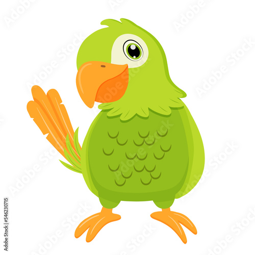Green parrot bird. Flat cartoon character isolated on white.
