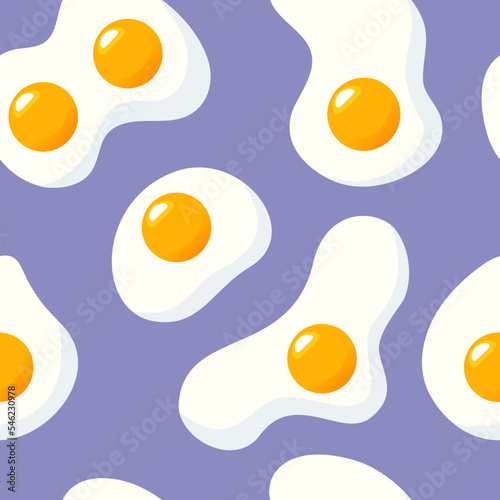 Breakfast, healthy food illustration, fried eggs on a bright purple background. Seamless pattern for wallpaper, printing on fabric, wrapping, background.