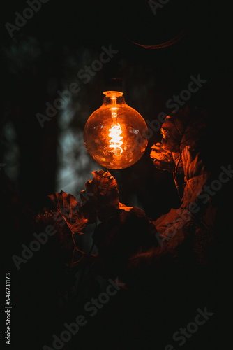 Uma luz de filamentos à noite, ligada, em tons de laranja