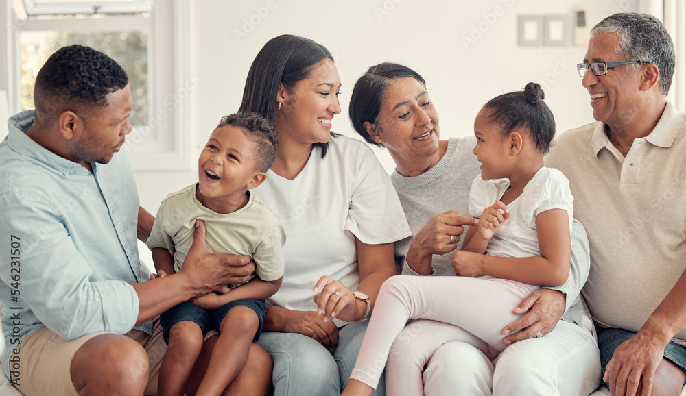 Love, black family and happy together, with smile and bonding for quality time, loving and on sofa. Grandparents, mother and father with children, for happiness and positive to connect and in lounge. Love, black family and happy together, with smile and bonding for quality time, loving and on sofa. Grandparents, mother and father with children, for happiness and positive to connect and in lounge.