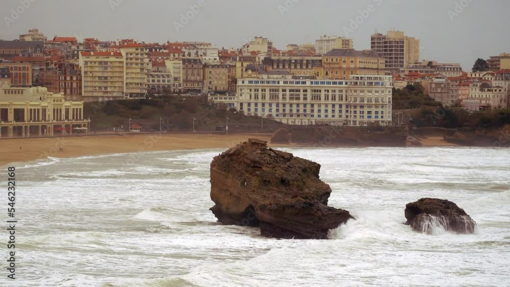 Biarritz, Nouvelle Aquitaine - France - December 3 2021: General views of Biarritz's beach in a cloudy day.