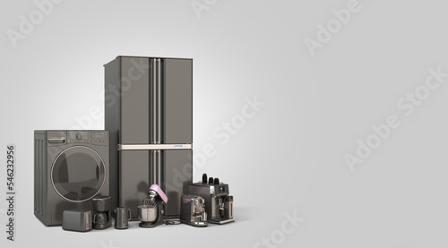 Modern home appliances  E commerce or online shopping concept for marketing literature 3d render on grey photo