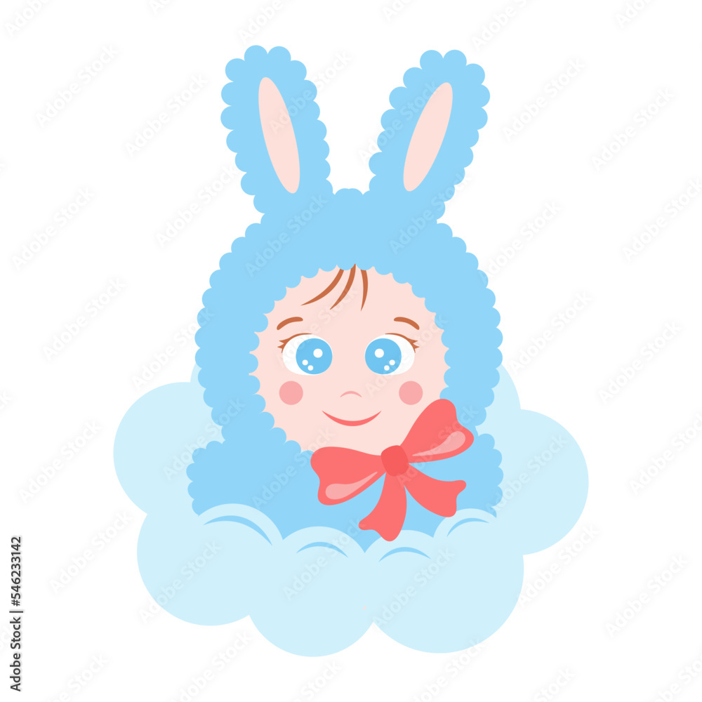 Baby bunny. Cute newborn in a rabbit costume. Banner for a baby shower. Vector illustration