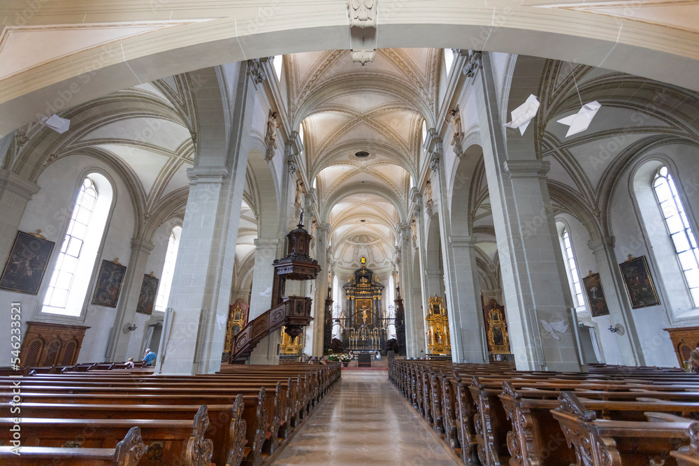 LUCERNE, SWITZERLAND, JUNE 21, 2022 - The inner of the Court Church of Saint Leodegar (Hofkirche Sankt Leodegar) in Lucerne, Switzerland