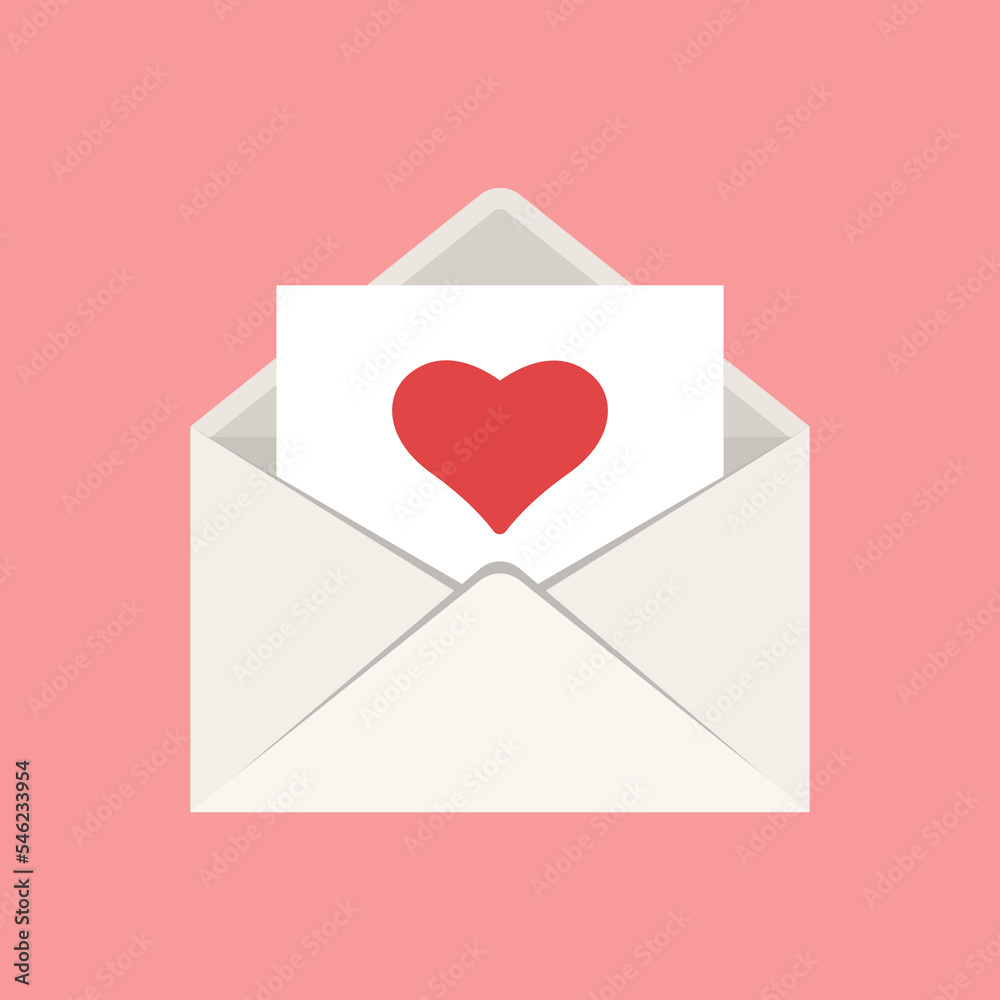 Valentine's Day greeting card with red heart in white envelope. Vector flat icon illustration Valentine's Day greeting card with red heart in white envelope. Vector flat icon illustration