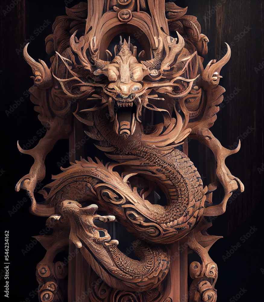 wooden totem of an chinese dragon, dark wood, sculpture very detailed.