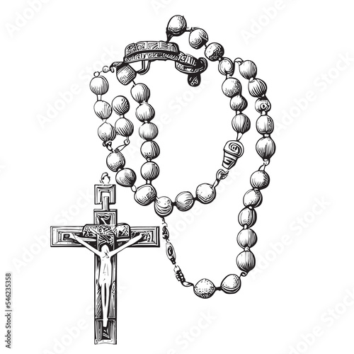 Fotografie, Obraz Rosary with cross religion hand drawn sketch Vector illustration.