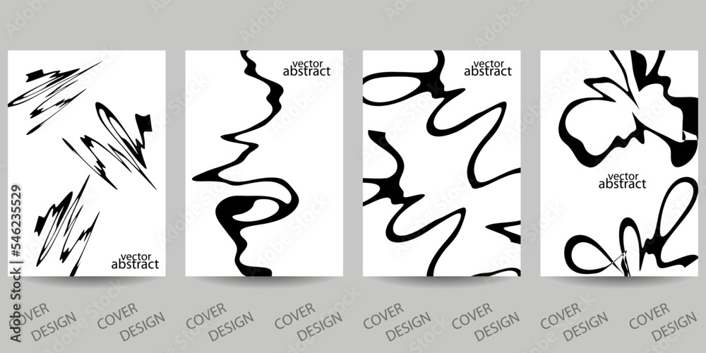 Trendy template for design cover, poster, flyer. Layout set for sales, presentations. Futuristic black wavy pattern with distortion effect. Hand drawn geometric chaotic background. Vector.