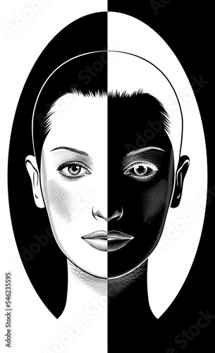 Oval mirror with a reflection of a woman's face. Positive and negative. An old engraving, stylized as a drawing. Vector illustration.
