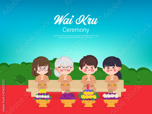 Group of Thai student and Thai teacher Wai Kru ceremony with namaste character pose. Bangkok Thailand cartoon teacher in uniform people. photo