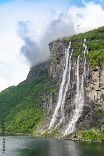 Beautiful waterfall called the Seven Sisters located in Geiranger Fjord, Norway