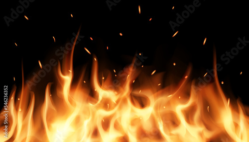 Fire flame fiery sparks on black background. Fire burst texture for banner backdrop. Red fire sparks vector flying burning background. Burning fiery sparks. Sparks of fire. Vector illustration EPS10.