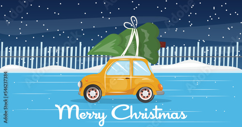 Christmas illustration with an orange car transporting a pine tree at night. Winter illustration. photo