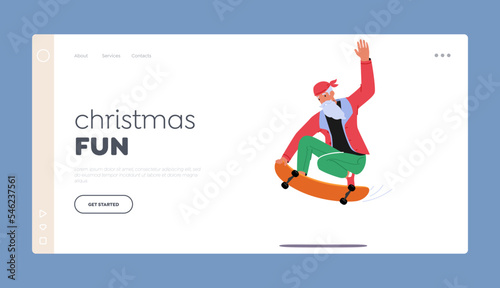 Christmas Fun Landing Page Template. Santa Claus Riding Skateboard Making Extreme Stunts and Tricks on Rollerdrome