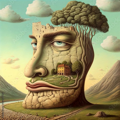 Surrealistic Face Landscape, Nature landscape in a human face, Surreal Painting, World inside human head, Woman Portrait photo