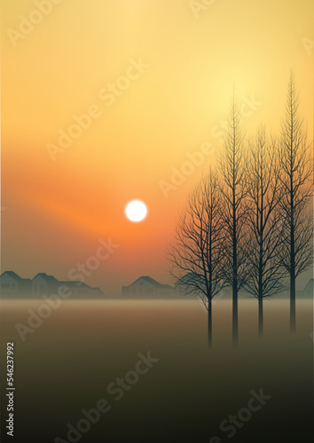 Winter landscape with trees. Vector illustration of a morning landscape with trees on the background of the village. Sketch for creativity.