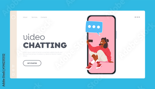 Video Chatting Landing Page Template. Fashionable Girl Teenager Makes Selfie and Chat by Smartphone. Vector Illustration
