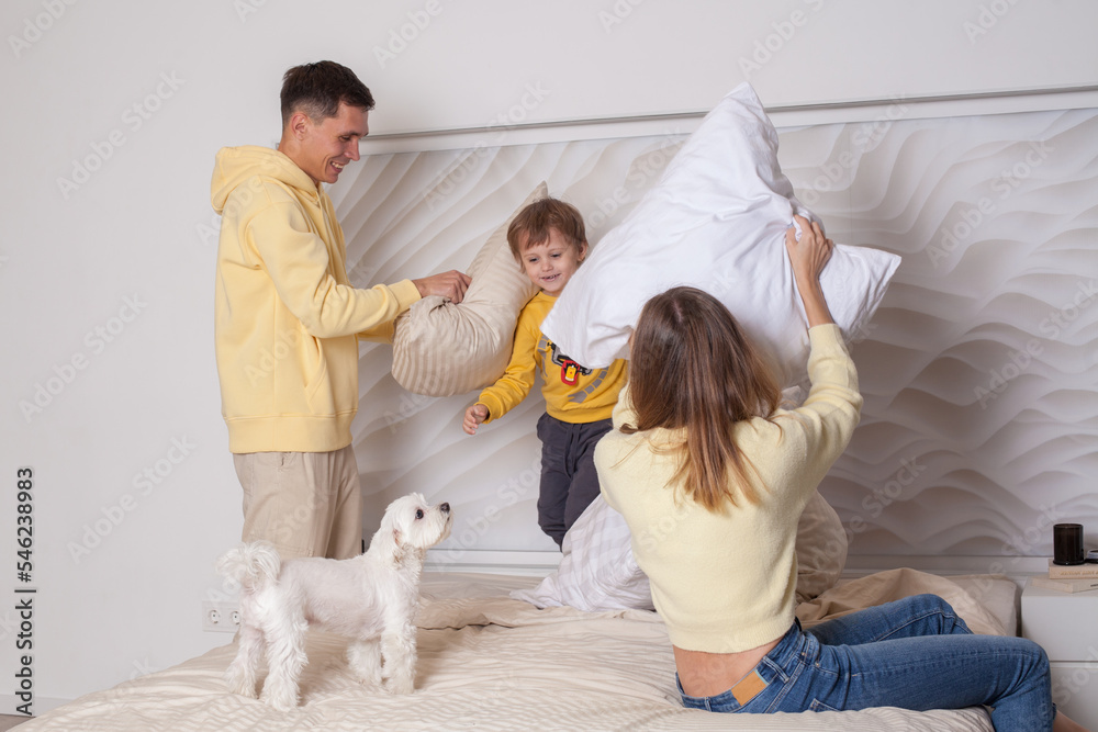 Fototapeta premium Cute family, parents with adorable child son and white litte dog playing with pillows