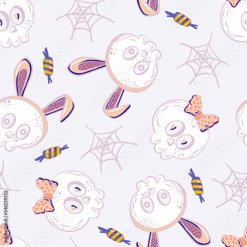Pastel Bunny Band and Bow Tie Skulls Vector Seamless Pattern