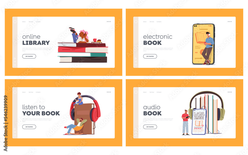 Virtual Library, Education Landing Page Template Set. Tiny Characters Listen Online Books with Smartphone and Headphones