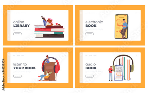 Virtual Library, Education Landing Page Template Set. Tiny Characters Listen Online Books with Smartphone and Headphones
