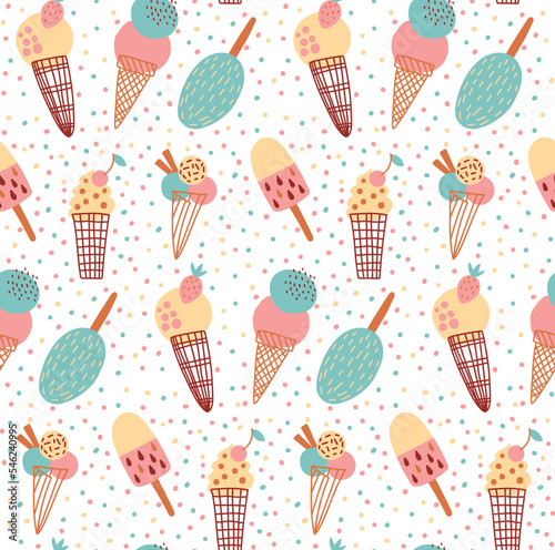 Ice cream cute trendy childish seamless vector pattern. Vector illustration