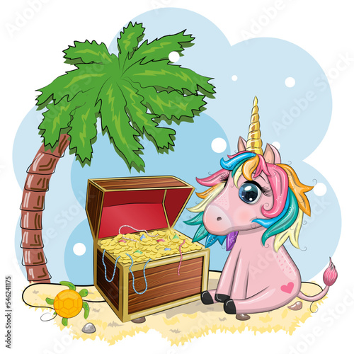 Cute cartoon unicorn and treasure chest, pirates. Summer, sea, palm, beach