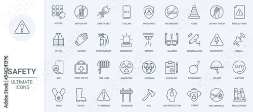 Life safety, insurance thin line icons set vector illustration. Outline warning attention signs about risk of accident, first aid kit and emergency, extinguisher for home fire, surveillance support