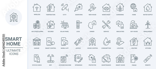 Smart home technology thin line icons set vector illustration. Outline mobile app symbols for control service of house system, surveillance security and conditioning, status of remote lock and access