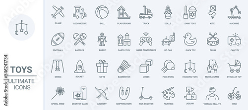 Toys for kids thin line icons set vector illustration. Outline baby stroller and rattle gift, mobile app and desktop computer games, sand castle and ball to play on playground, kite and swing