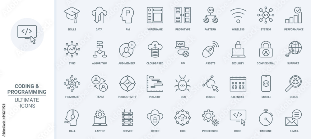 Test of software code, data storage thin line icons set vector ...