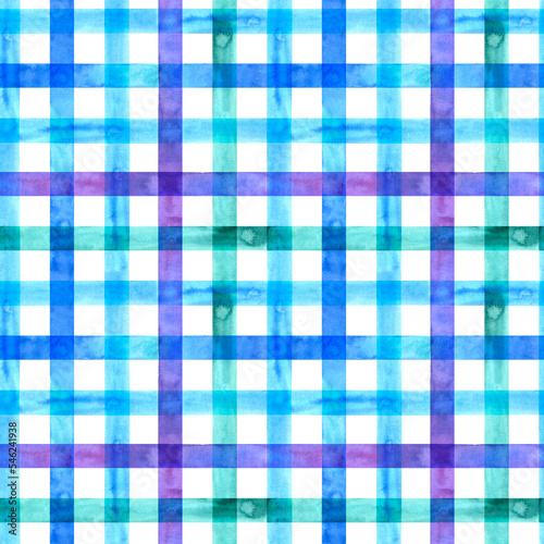 Watercolor seamless checkered pattern. Strokes texture plaid. Hand painted stripe on white background.