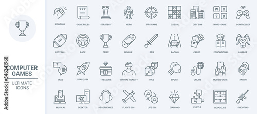 Computer games, gaming technology thin line icons set vector illustration. Outline digital race, fight and space simulator, shooter and RPG, strategy and education games for PC and mobile phone